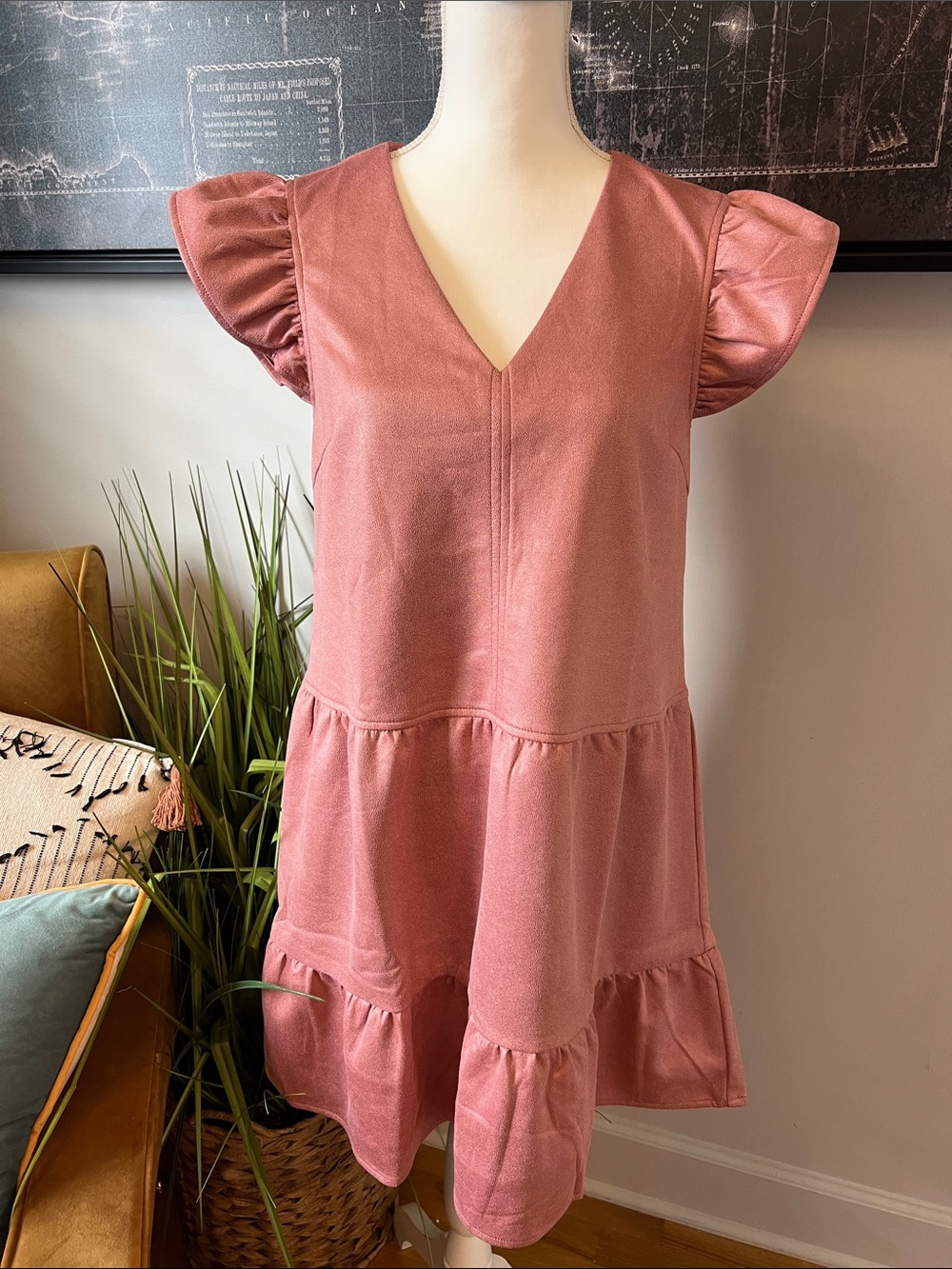 Women's V-Neck Flutter Sleeve Tiered Dress - Dusty Rose
